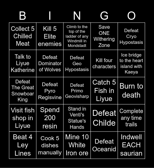 Genshin Lockout Bingo Card