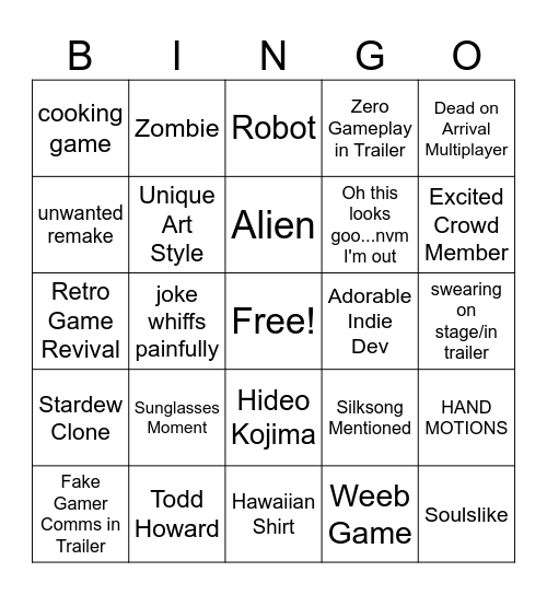 Video Game Showcase Bingo Card