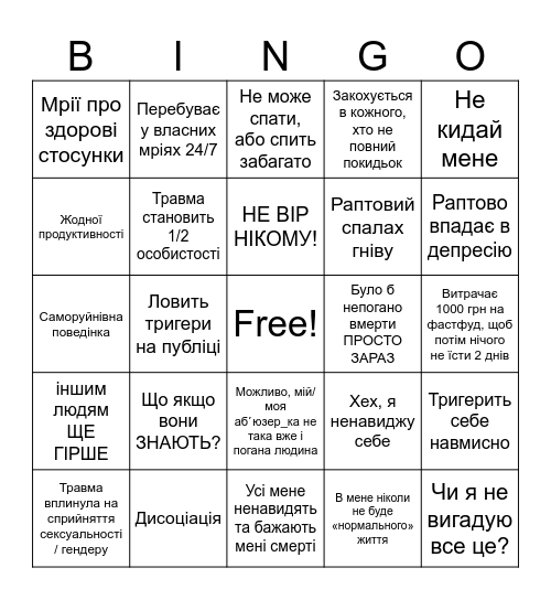 Травма Bingo Card