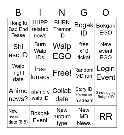 Roadmap Stream Bingo Card