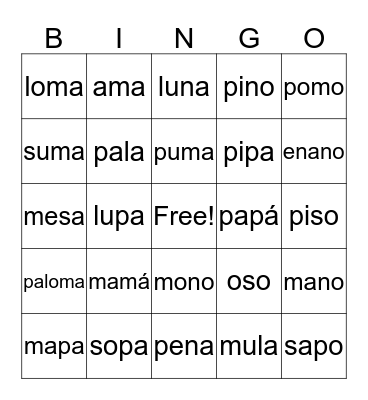 Spanish Bingo Card