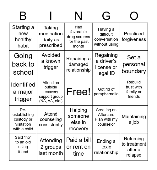 Recovery Milestones Bingo Card