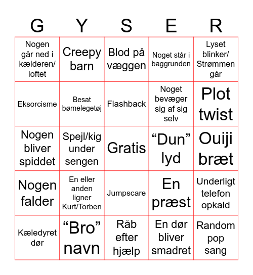 Gyser Bingo Card