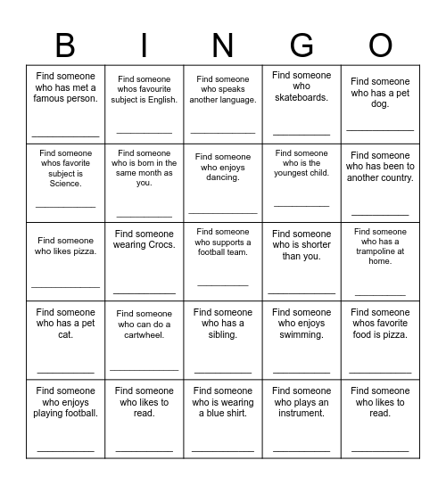 Find Someone Who Bingo Card