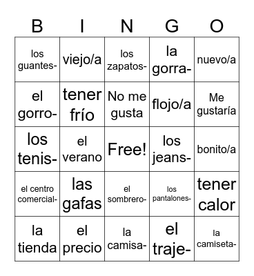 La Ropa Bingo Card