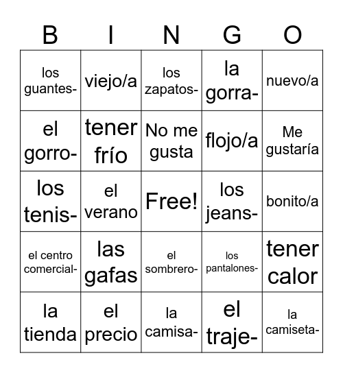 La Ropa Bingo Card