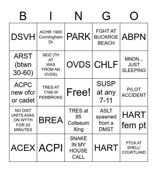 Call Taker Bingo Card