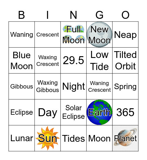 Moon Phases/Tides/Eclipses Bingo Card