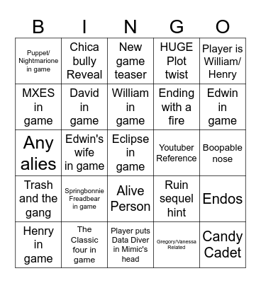 Five Nights at Freddy's: Secret of the Mimic Bingo Card