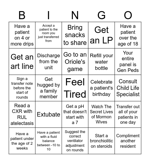 PICU Bingo Card