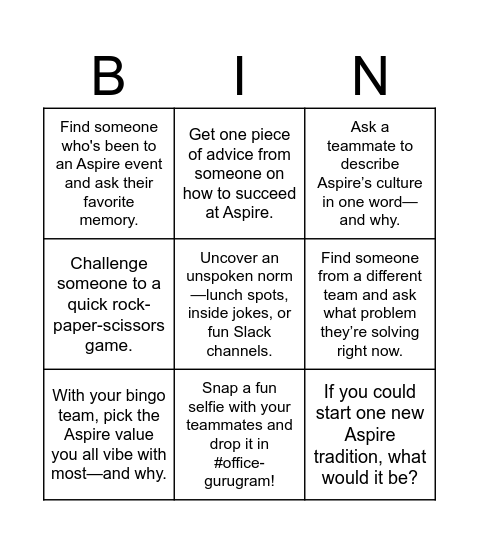 Aspire Bingo Connect! Bingo Card