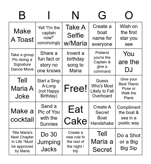 Maria's Fun Afloat in Alicante 30th Birthday Bingo Card