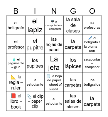 Los objetos en la sala de clases Bingo Card