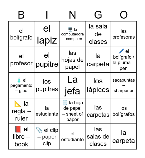 Los objetos en la sala de clases Bingo Card
