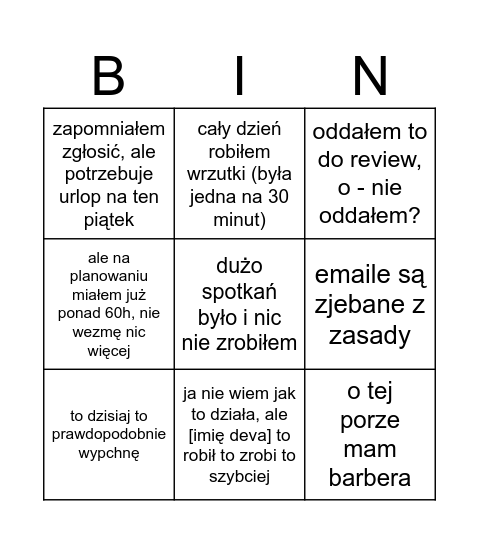 Dzień z życia Kamila Bingo Card