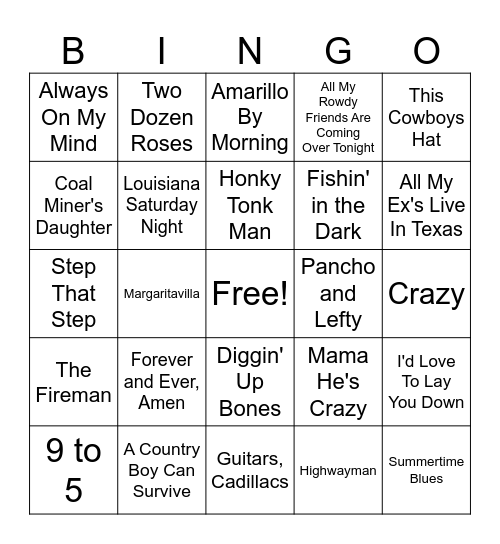 80’s Country Bingo Card