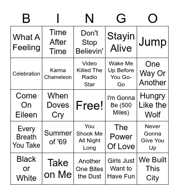 Top 80s Bingo Card