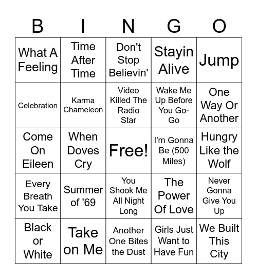 Top 80s Bingo Card