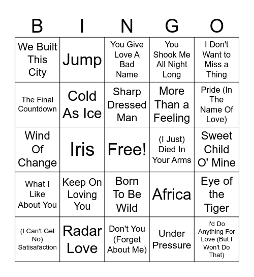 80s Rock Bingo Card