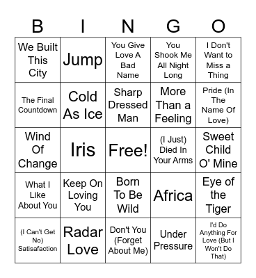 80s Rock Bingo Card