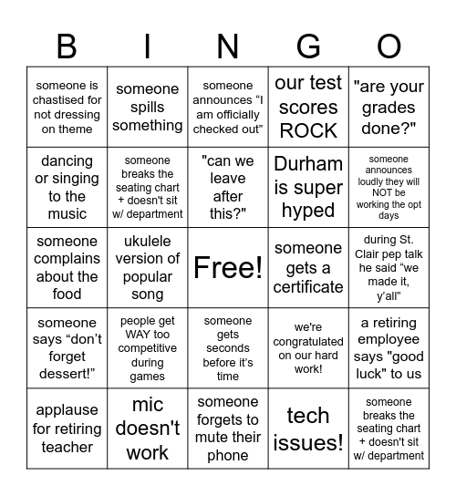 End of School Lunch Bingo Card