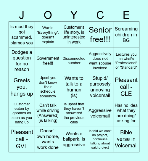 Joyce Call Center Bingo! Bingo Card