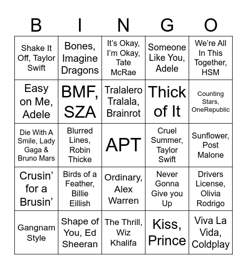 Music Bingo Playlist #2 Bingo Card