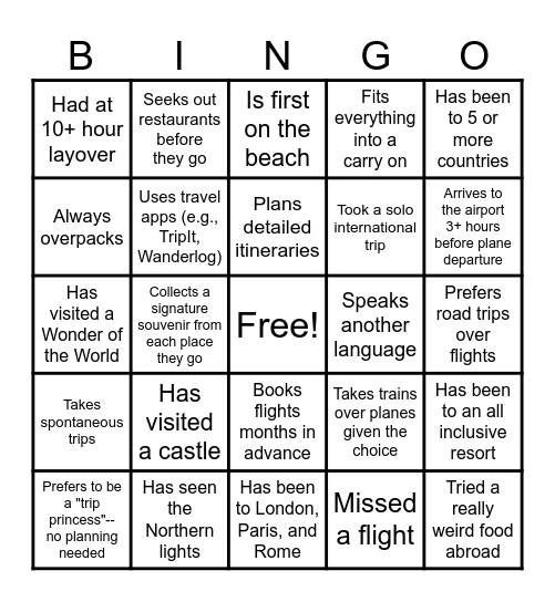 Travel Connections Bingo! Bingo Card