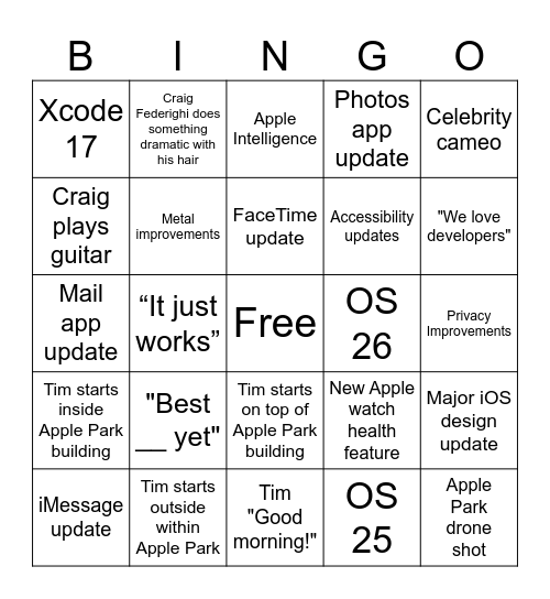 WWDC25 Keynote Bingo Card