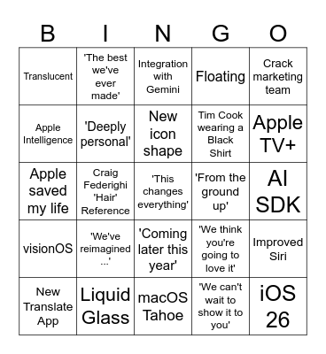 WWDC 25 Keynote Bingo Card