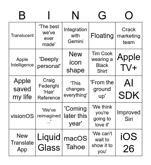 WWDC 25 Keynote Bingo Card