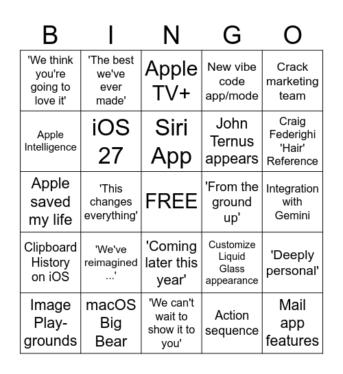 WWDC 26 Keynote Bingo Card