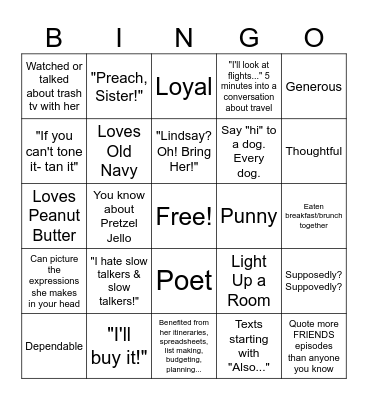 Lindsay's Bachelorette Bingo Card