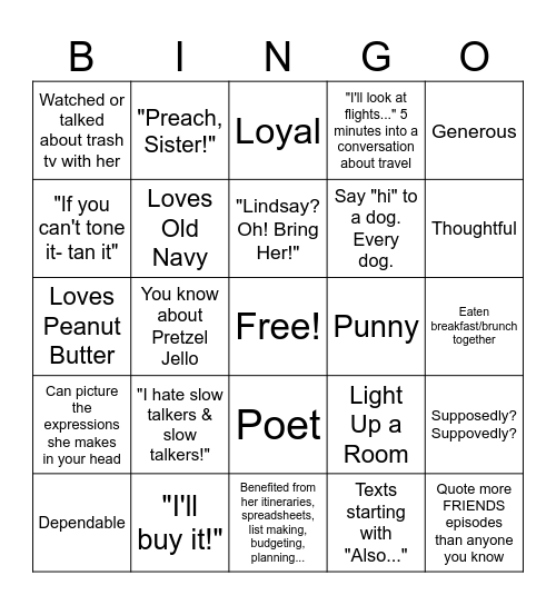 Lindsay's Bachelorette Bingo Card
