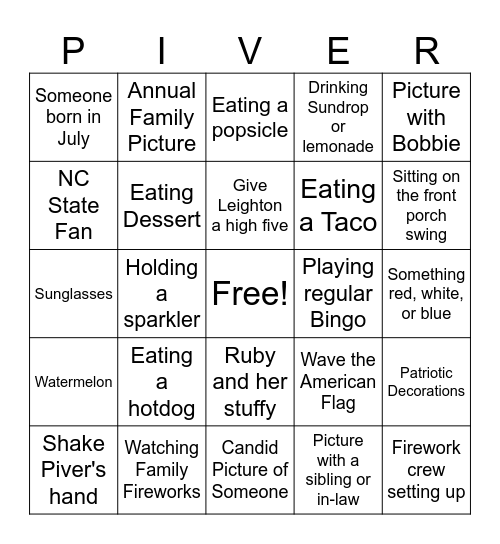 Piver Picture Bingo 2025 Bingo Card