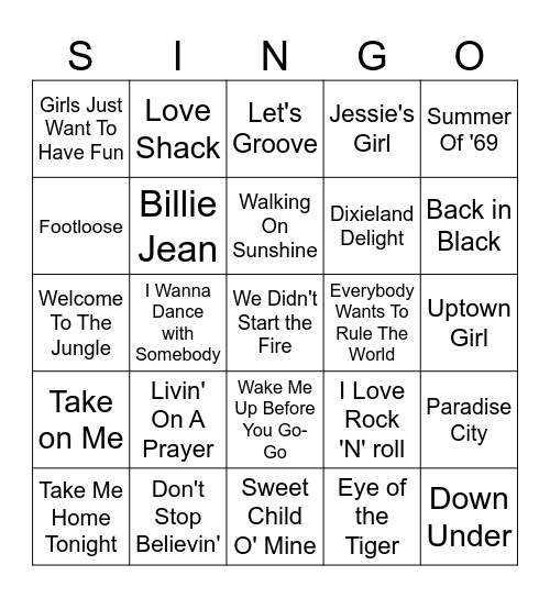 80's Music Bingo Card