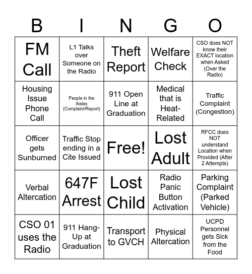 Dispatch Graduation Bingo Card