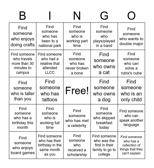 LLCC Public Speaking BINGO Card