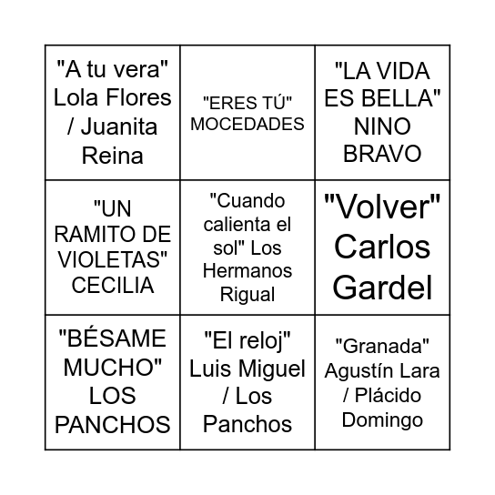 BINGO CANCIONES Bingo Card
