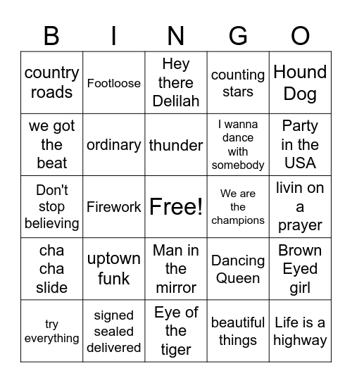 Name that Tune Bingo Card