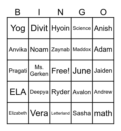 Ms. Gerken's 2nd Grade Bingo Card
