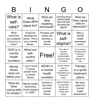 Mental Health Facts Bingo Card