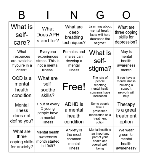 Mental Health Facts Bingo Card