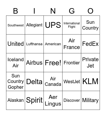Airplane Bingo Card