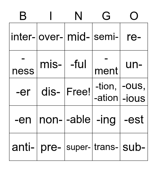 Prefix/Suffix Bingo #1 Bingo Card