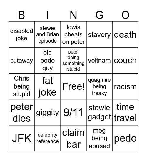 family guy bingo Card