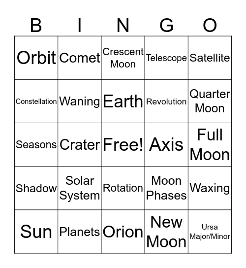 The Stars and The Solar System Bingo Card