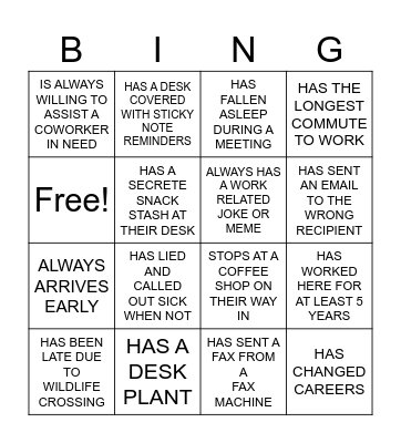 Coworker Bingo Card