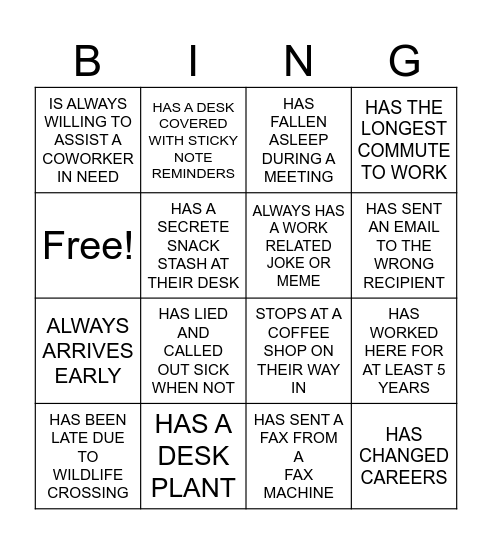 Coworker Bingo Card