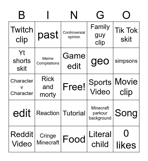 Youtube shorts Bingo Card